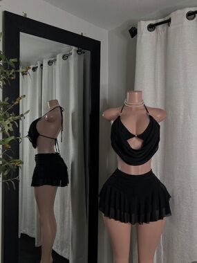 Black Draped Halter Crop Top & Mini Skirt Set